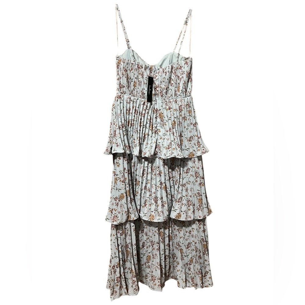 Lulus Cascading Crush Pale Blue Floral Print Tiered Bustier Midi Dress-Small - Picture 11 of 16